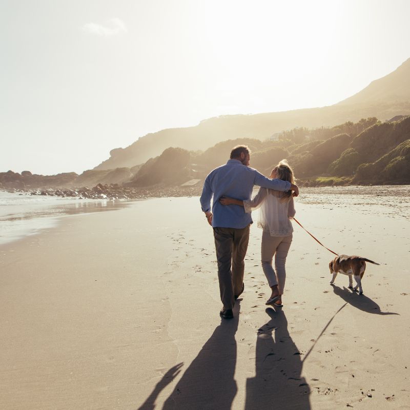Couple Walking Dog on Beach Couple Walking Dog on Beach